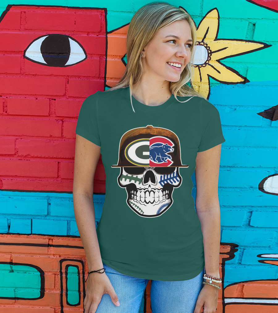 Green Bay Packers Chicago Cubs Skull Hat T-Shirt