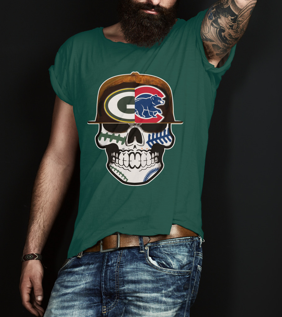 Green Bay Packers Chicago Cubs Skull Hat T-Shirt
