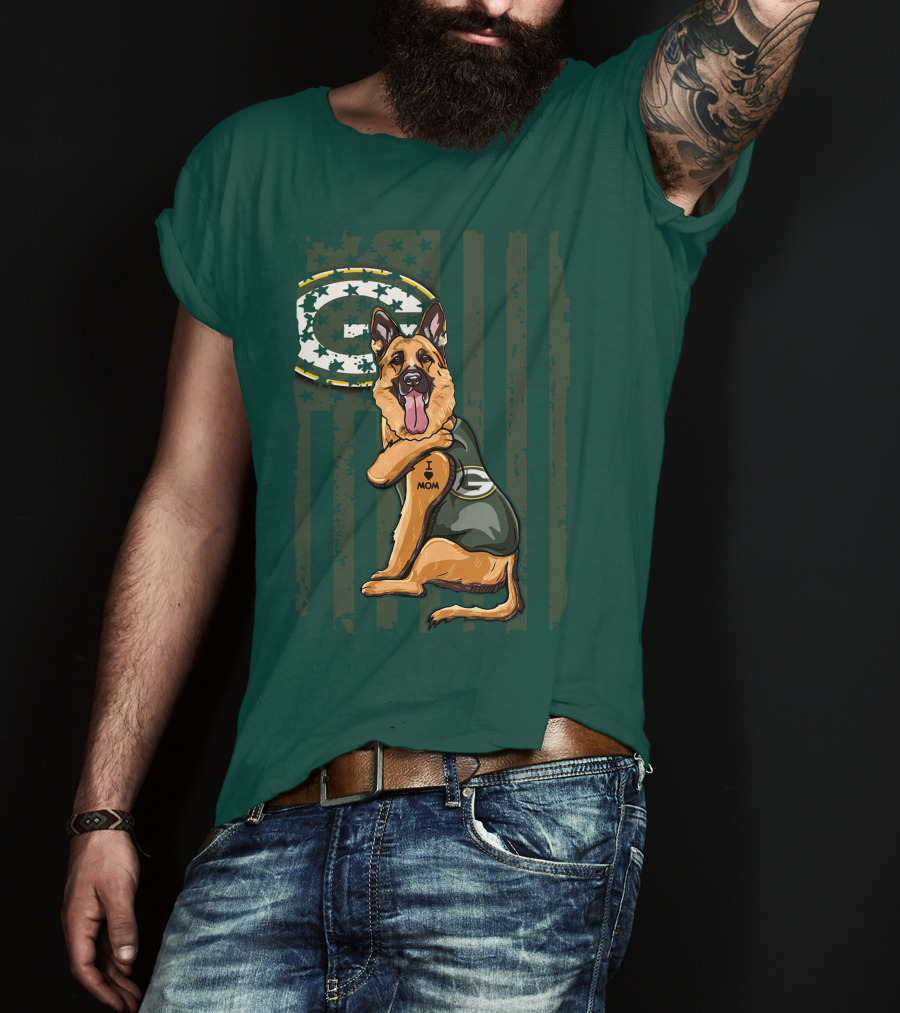 German Shepherd I Love Mom Green Bay Packers Fan T-Shirt
