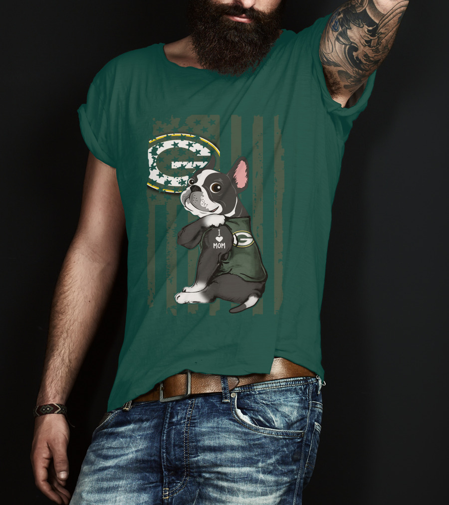 Boston Terrier Holding I Love Mom Green Bay Packers T-Shirt