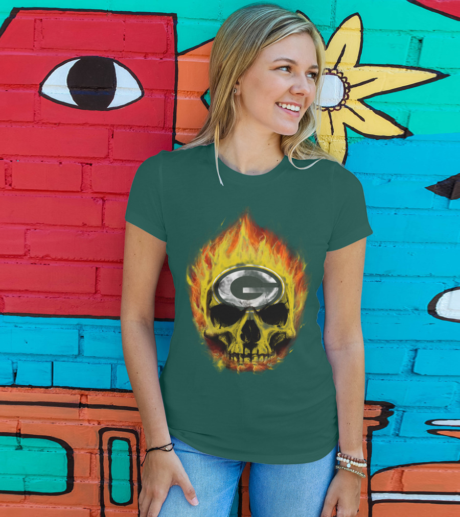 Green Bay Packers Skull Flames T-Shirt