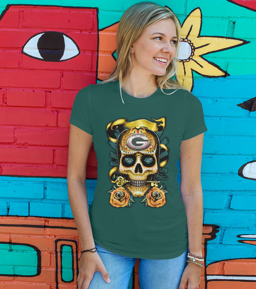 Green Bay Packers Sugar Skull Gothic Design With Floral And Key Elements T-Shirt