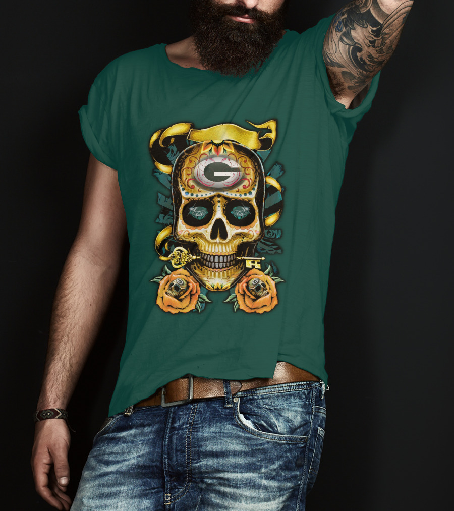 Green Bay Packers Sugar Skull Gothic Design With Floral And Key Elements T-Shirt