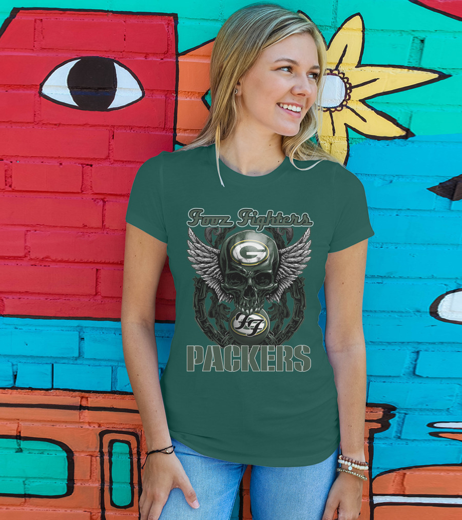 Foo Fighters Green Bay Packers Wings Skull T-Shirt
