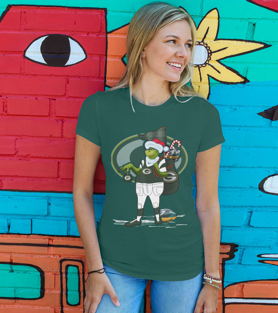 Grinch Green Bay Packers Christmas Santa Hat Football Candy Cane T-Shirt