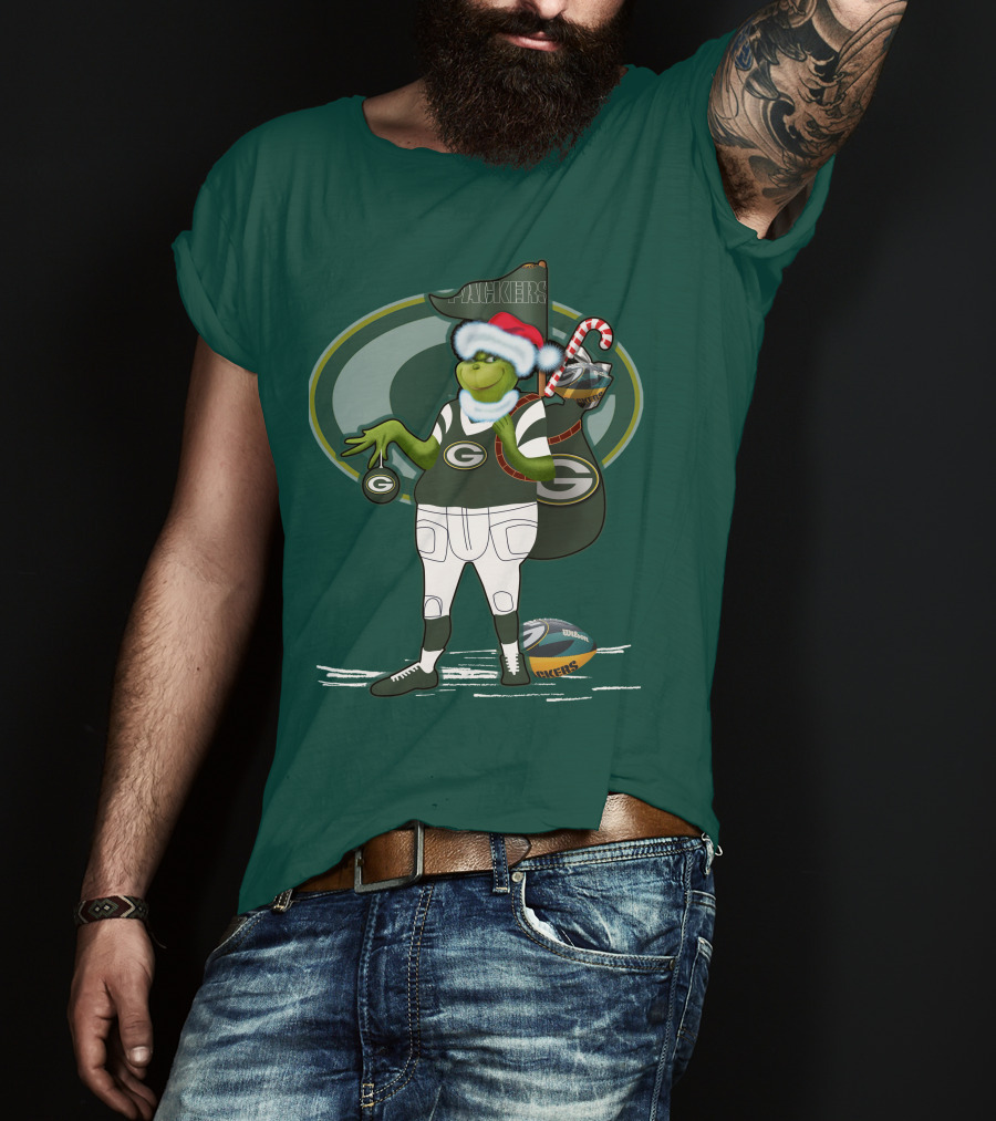 Grinch Green Bay Packers Christmas Santa Hat Football Candy Cane T-Shirt
