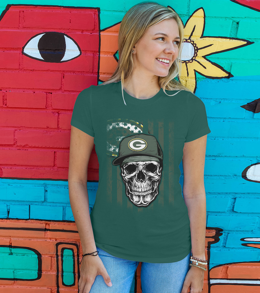Skull Wearing Green Bay Packers Cap On Flag Background T-Shirt