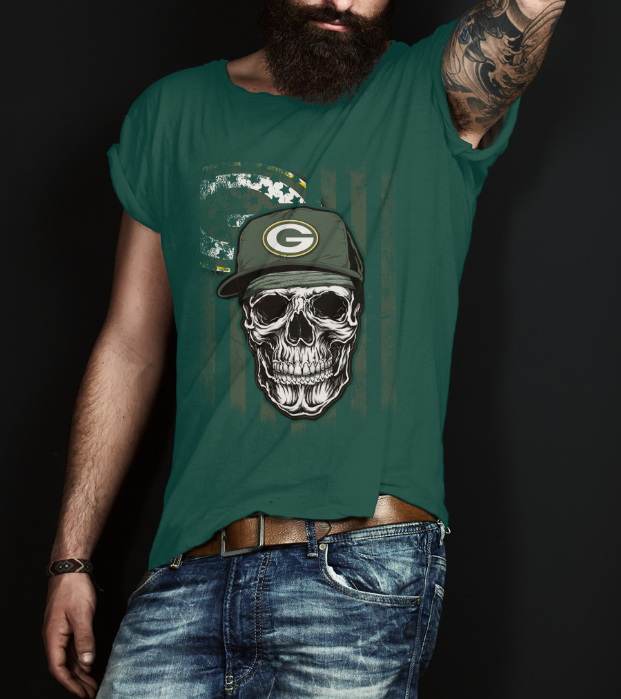 Skull Wearing Green Bay Packers Cap On Flag Background T-Shirt