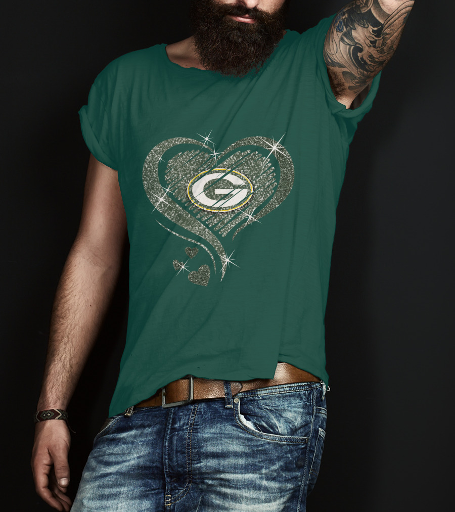 Green Bay Packers Heart Diamond Sparkle T-Shirt