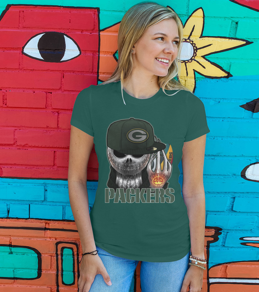 Jackskull Green Bay Packers Halloween Theme Packers Fan Skull T-Shirt