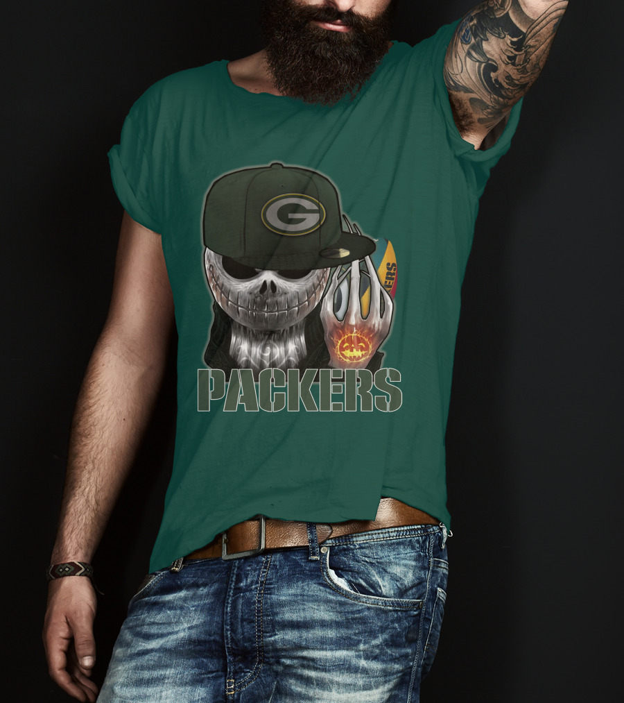 Jackskull Green Bay Packers Halloween Theme Packers Fan Skull T-Shirt