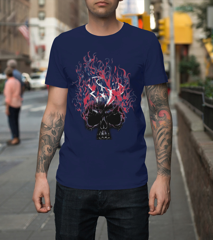 Houston Texans Skull With Fiery Logo And Flames T-Shirt