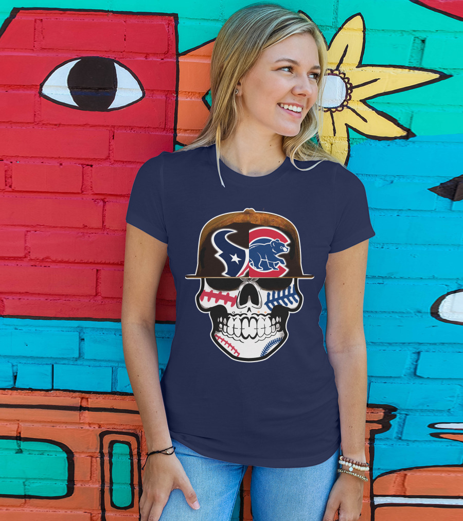 Houston Texans Chicago Cubs Skull Baseball Football Fusion T-Shirt
