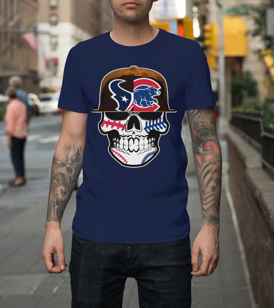 Houston Texans Chicago Cubs Skull Baseball Football Fusion T-Shirt
