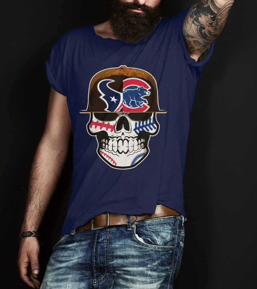 Houston Texans Chicago Cubs Skull Baseball Football Fusion T-Shirt
