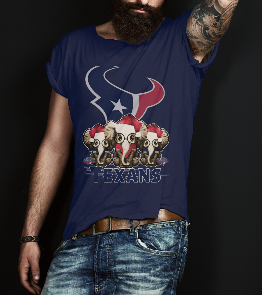 Elephants In Christmas Hats With Houston Texans T-Shirt