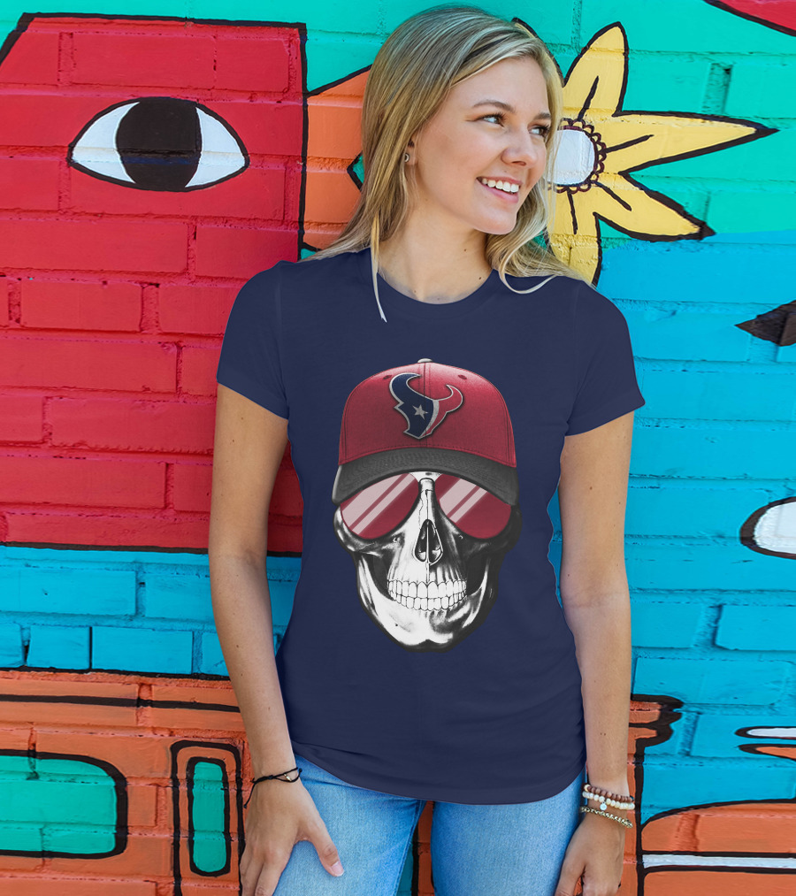 Skull With Houston Texans Logo Hat And Reflective Sunglasses T-Shirt