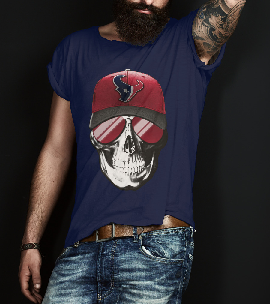 Skull With Houston Texans Logo Hat And Reflective Sunglasses T-Shirt