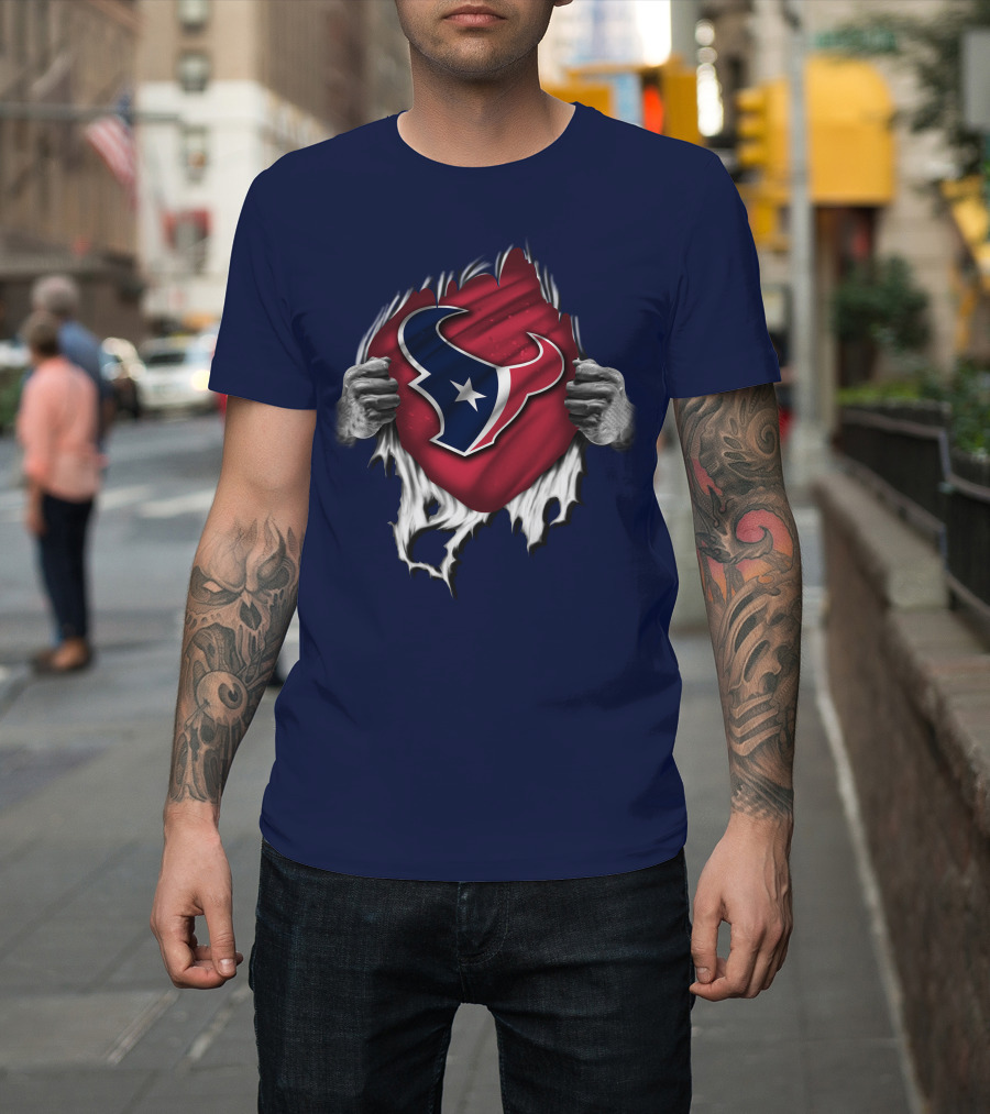 Torn Houston Texans Emblem Revealed Through Superhero Rip Effect T-Shirt