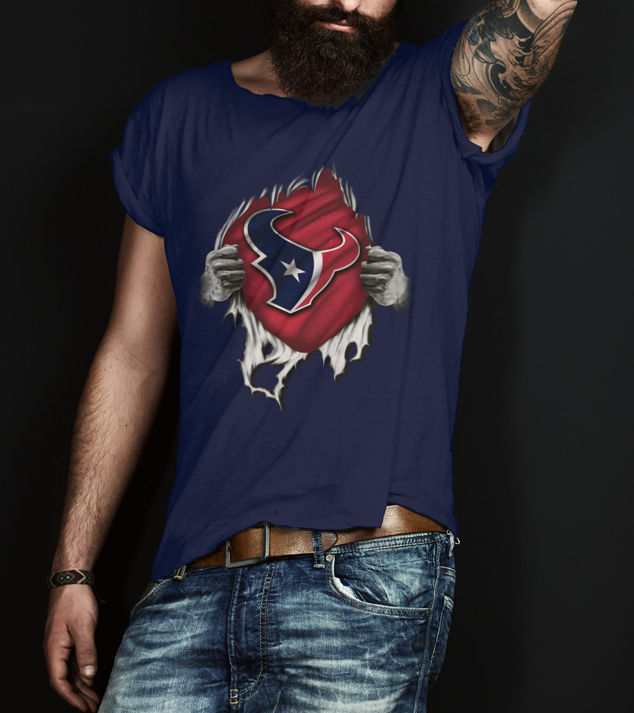 Torn Houston Texans Emblem Revealed Through Superhero Rip Effect T-Shirt