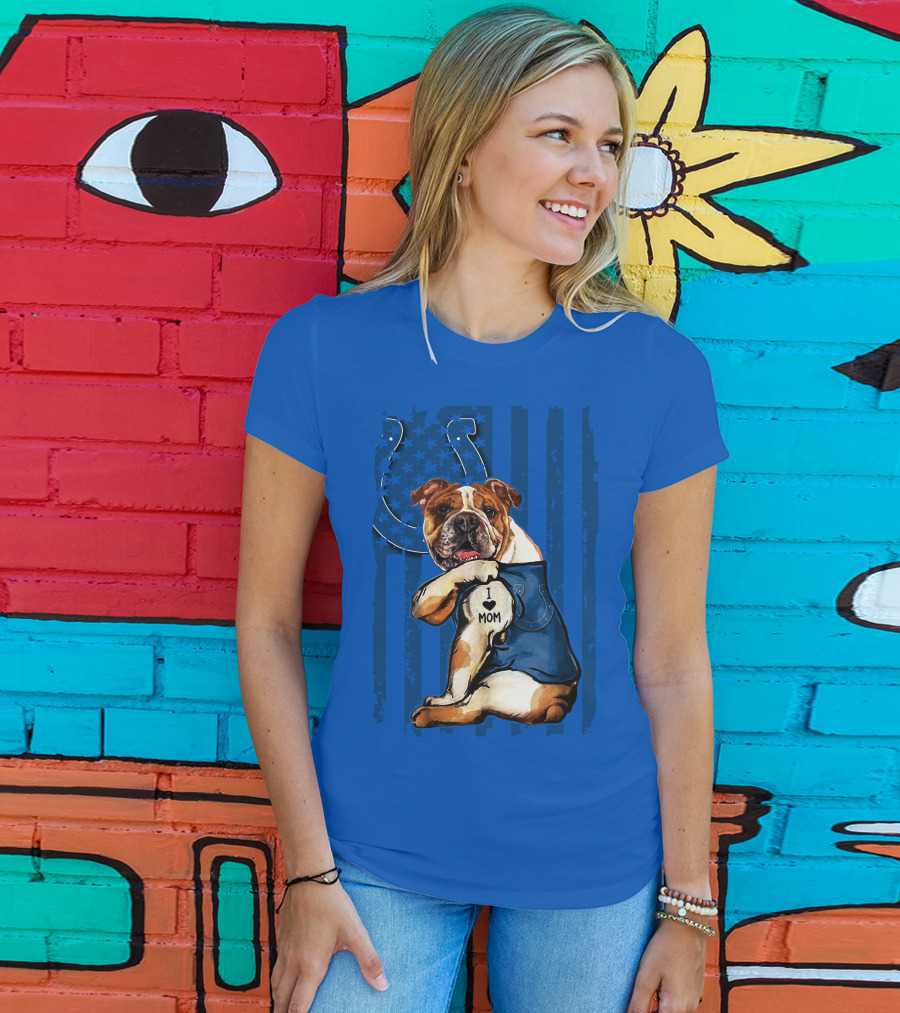 Indianapolis Colts Bulldog I Love Mom American Flag T-Shirt