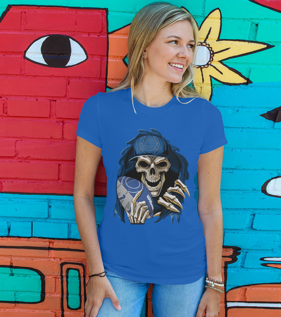 Skullbong Indianapolis Colts Skeleton Holding Football T-Shirt