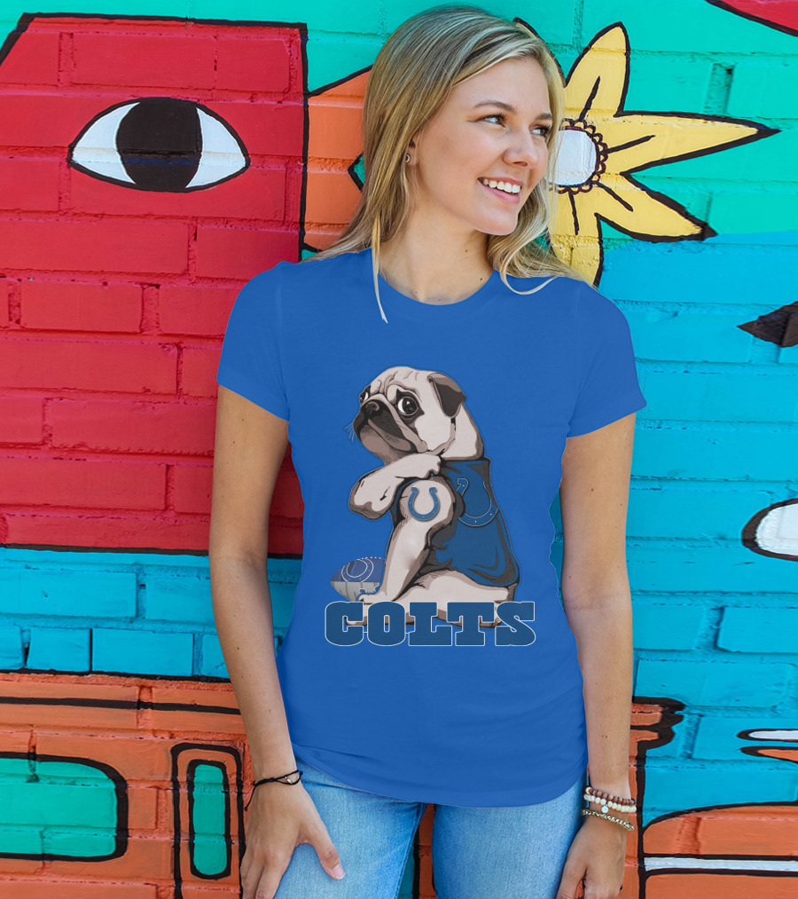 Pug Colts Fan With Blue Football Gear T-Shirt
