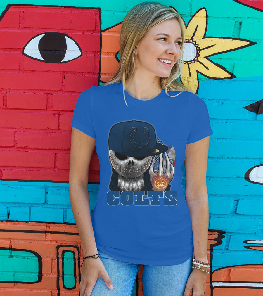 Colts Halloween Skull With Indianapolis Blue And Jack O'lantern Hand T-Shirt