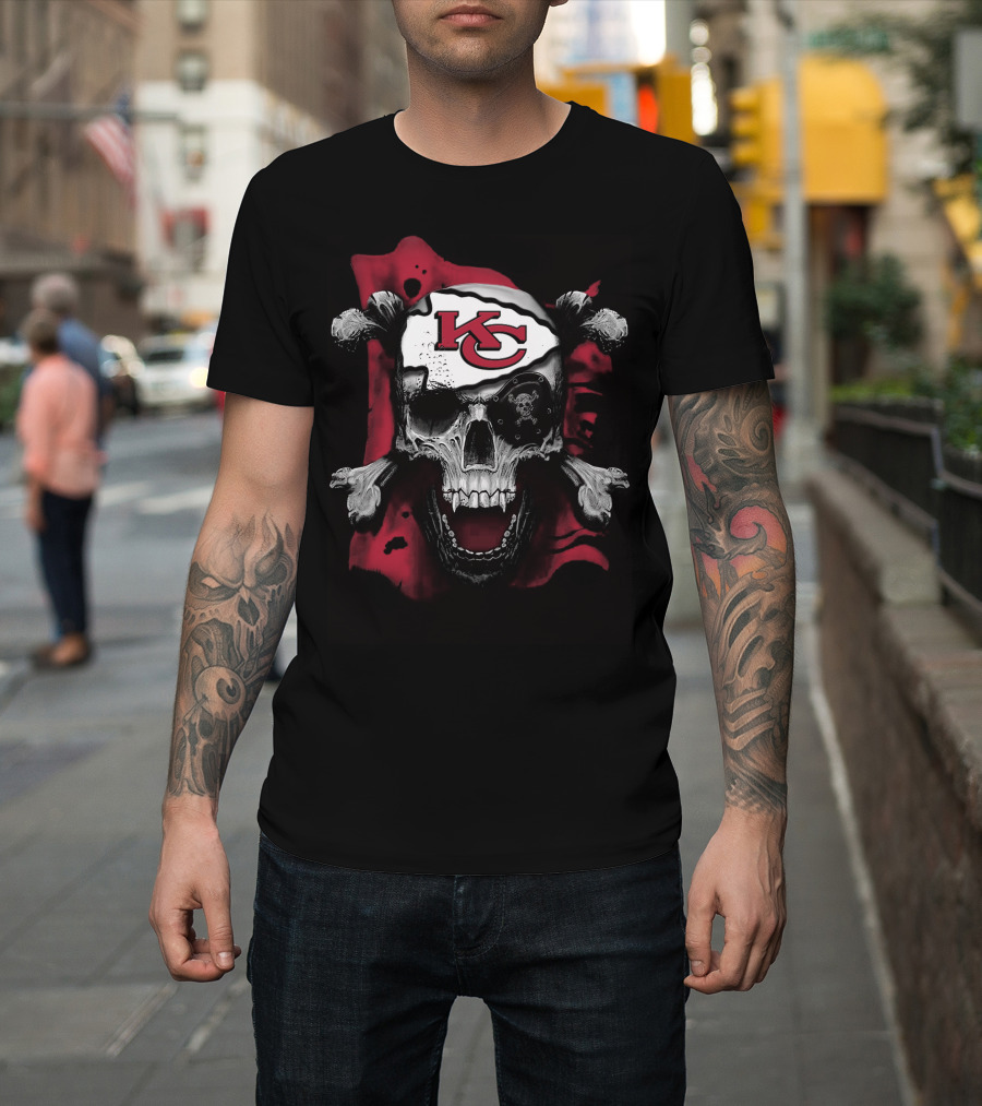 Skull And Crossbones With Kansas City Chiefs Logo T-Shirt