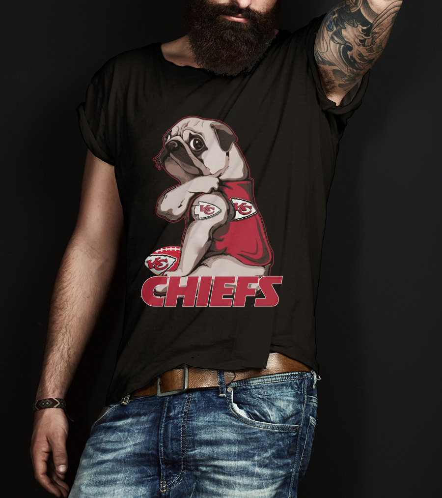 Pug Wearing Kansas City Chiefs Jersey With Football T-Shirt
