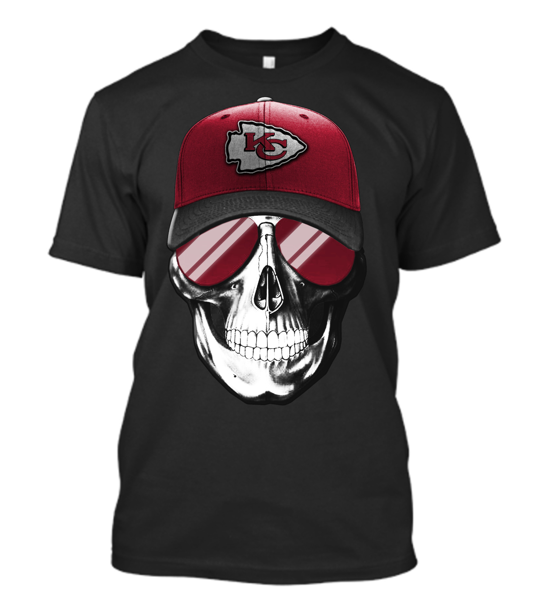 Skull Wearing Kansas City Chiefs Hat With Reflective Shades T-Shirt