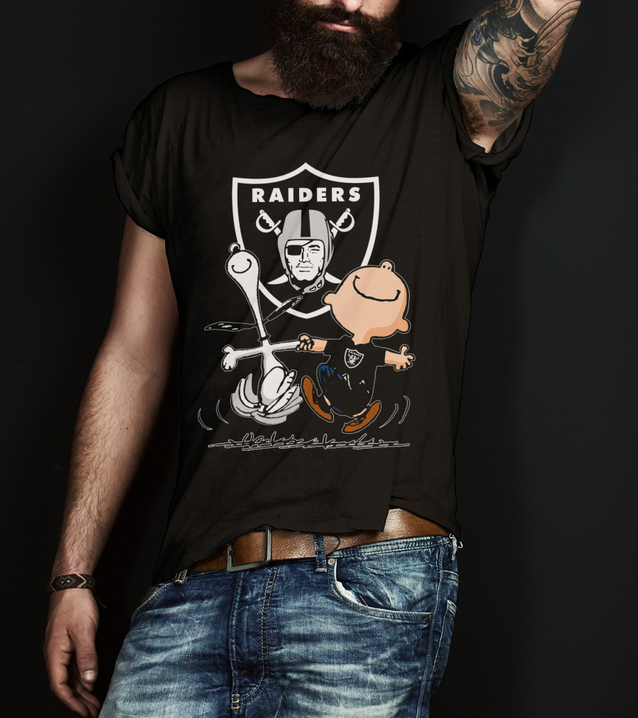 Snoopy And Charlie Brown Dancing In Front Of Oakland Raiders T-Shirt
