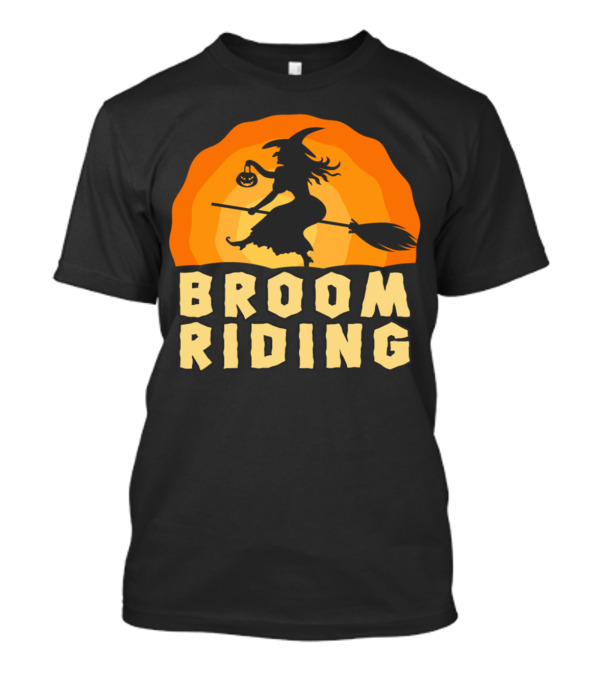 Broom Riding Witch Silhouette With Halloween Pumpkin T-Shirt
