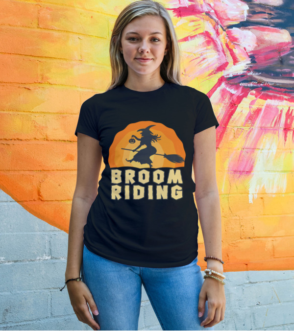 Broom Riding Witch Silhouette With Halloween Pumpkin T-Shirt
