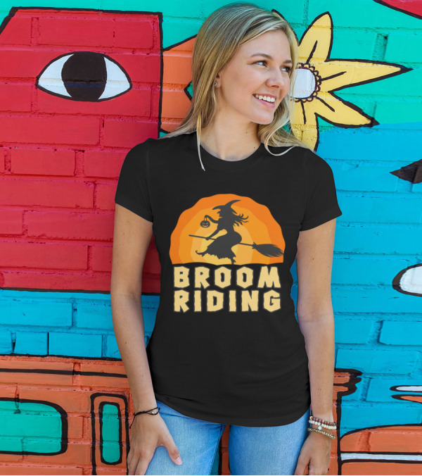 Broom Riding Witch Silhouette With Halloween Pumpkin T-Shirt