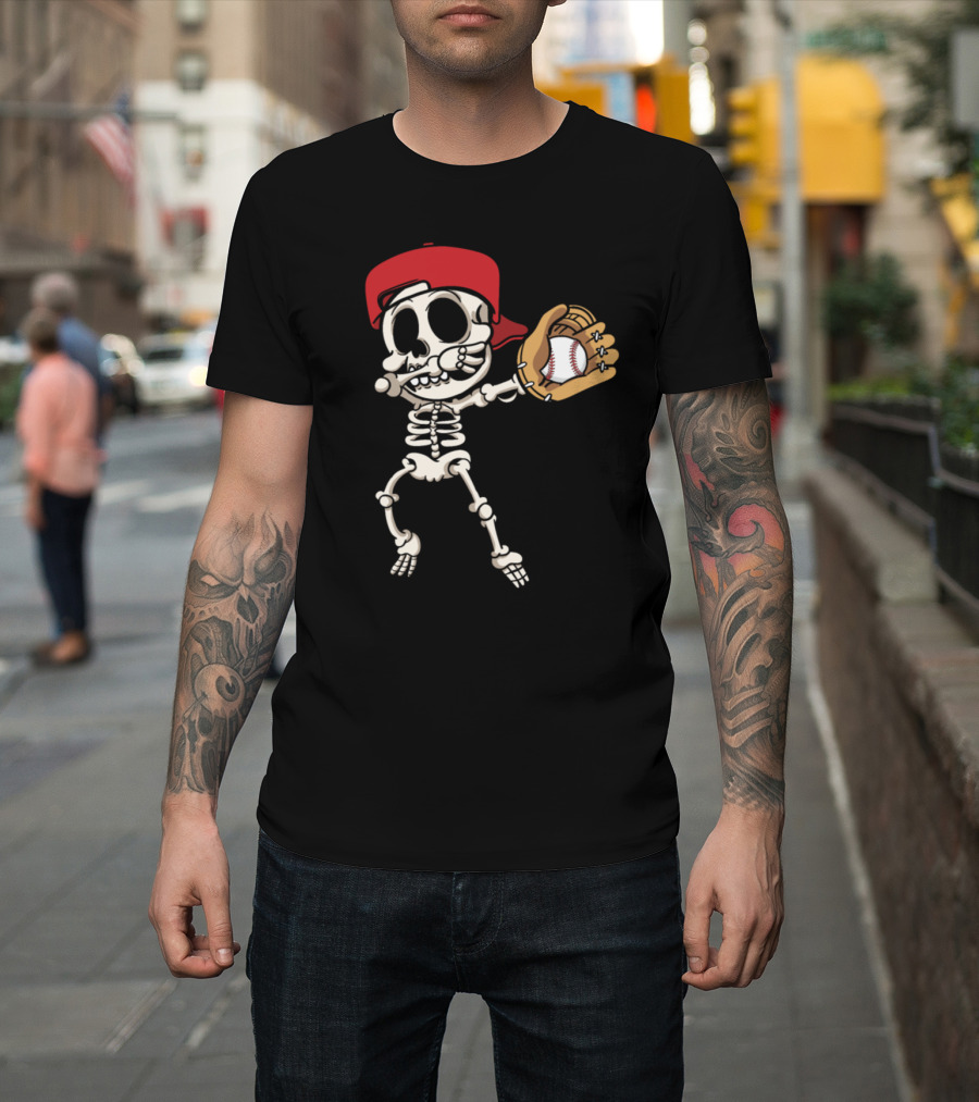 Baseball Player Skull Skeleton Dabbing Catch T-Shirt