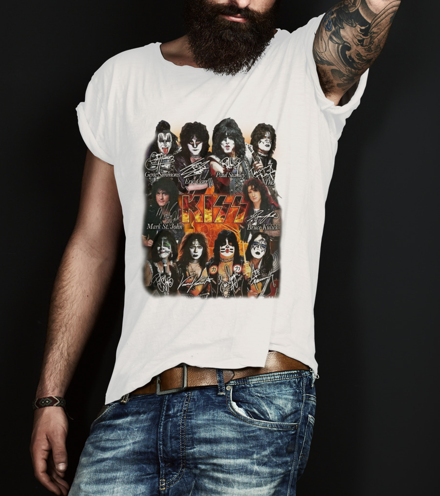 Kiss Band Members Gene Simmons Paul Stanley Peter Criss Ace Frehley Eric Carr Vinnie Vincent Mark St. John Bruce Kulick Eric Singer Thayer Signatures T-Shirt