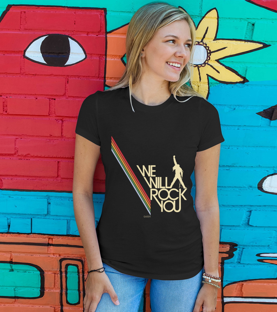 Queen We Will Rock You Silhouette Logo Rainbow Stripes T-Shirt