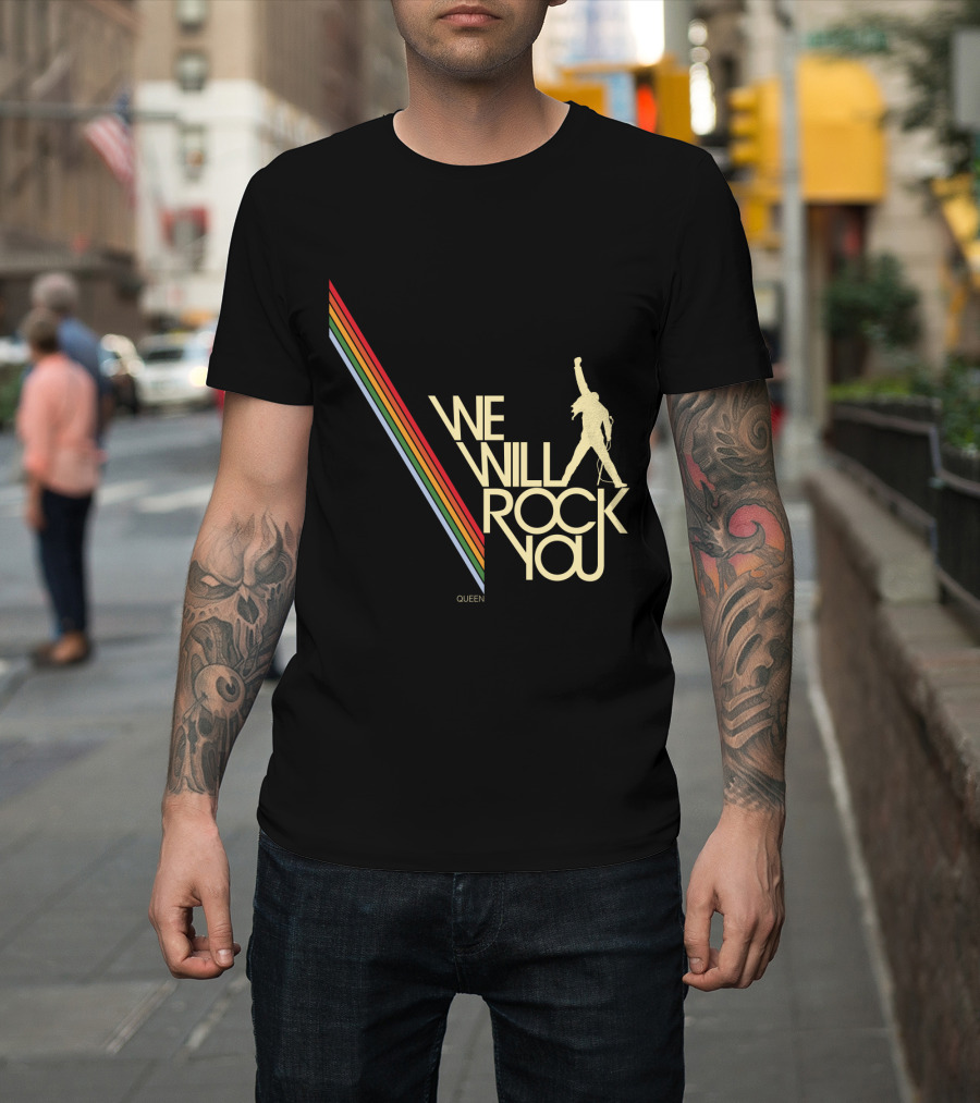 Queen We Will Rock You Silhouette Logo Rainbow Stripes T-Shirt