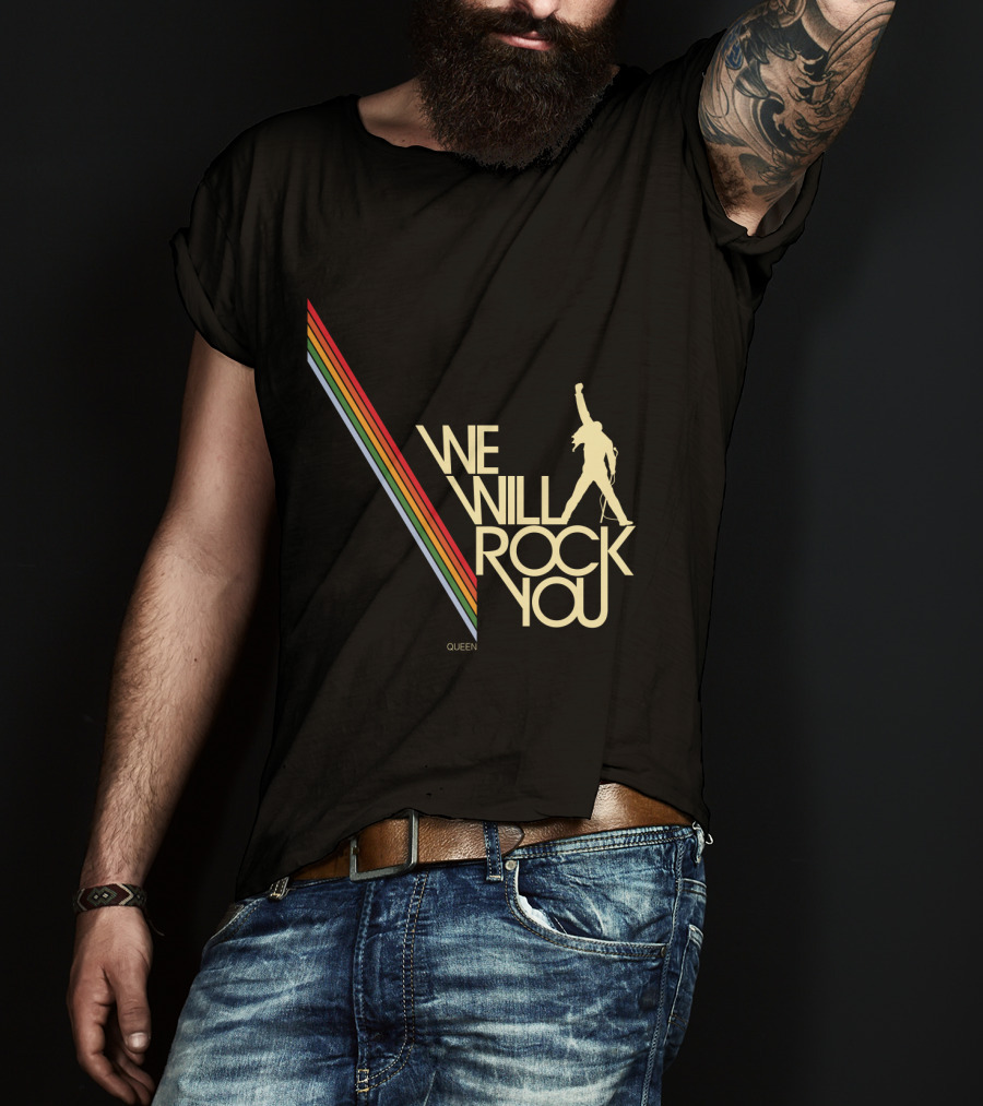 Queen We Will Rock You Silhouette Logo Rainbow Stripes T-Shirt