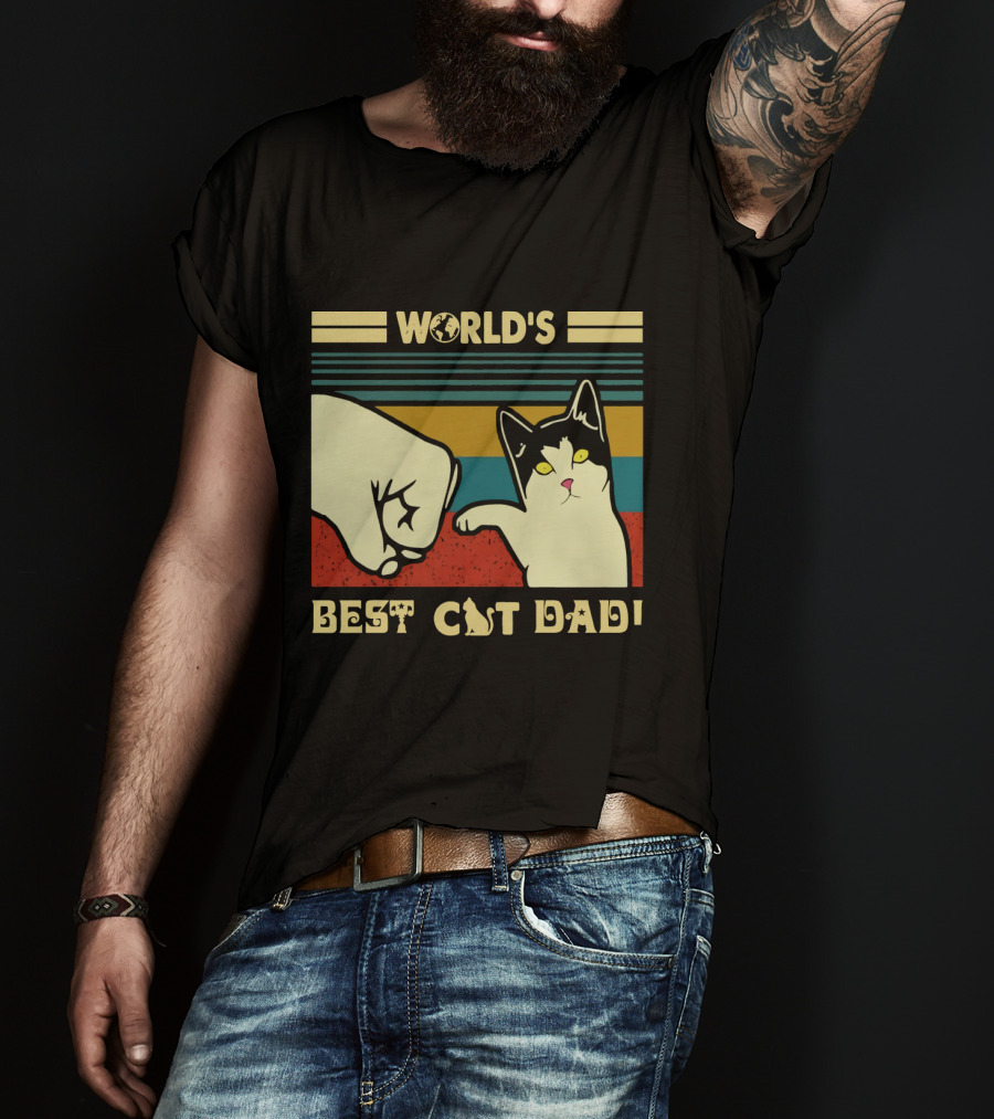 World's Best Cat Dad Fist Bump Retro Stripe T-Shirt
