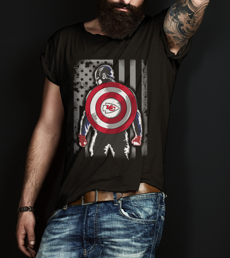 Kansas City Chiefs Captain America Shield With American Flag T-Shirt