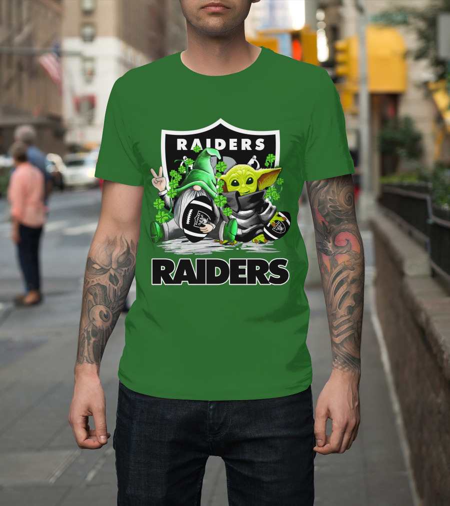 Raiders St. Patrick’s Day Football Gnome And Baby Alien With Clover Footballs T-Shirt