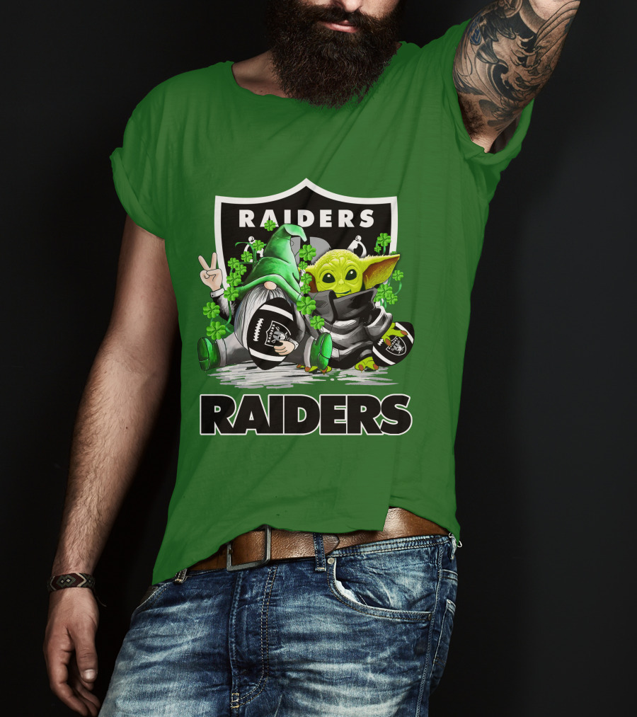 Raiders St. Patrick’s Day Football Gnome And Baby Alien With Clover Footballs T-Shirt