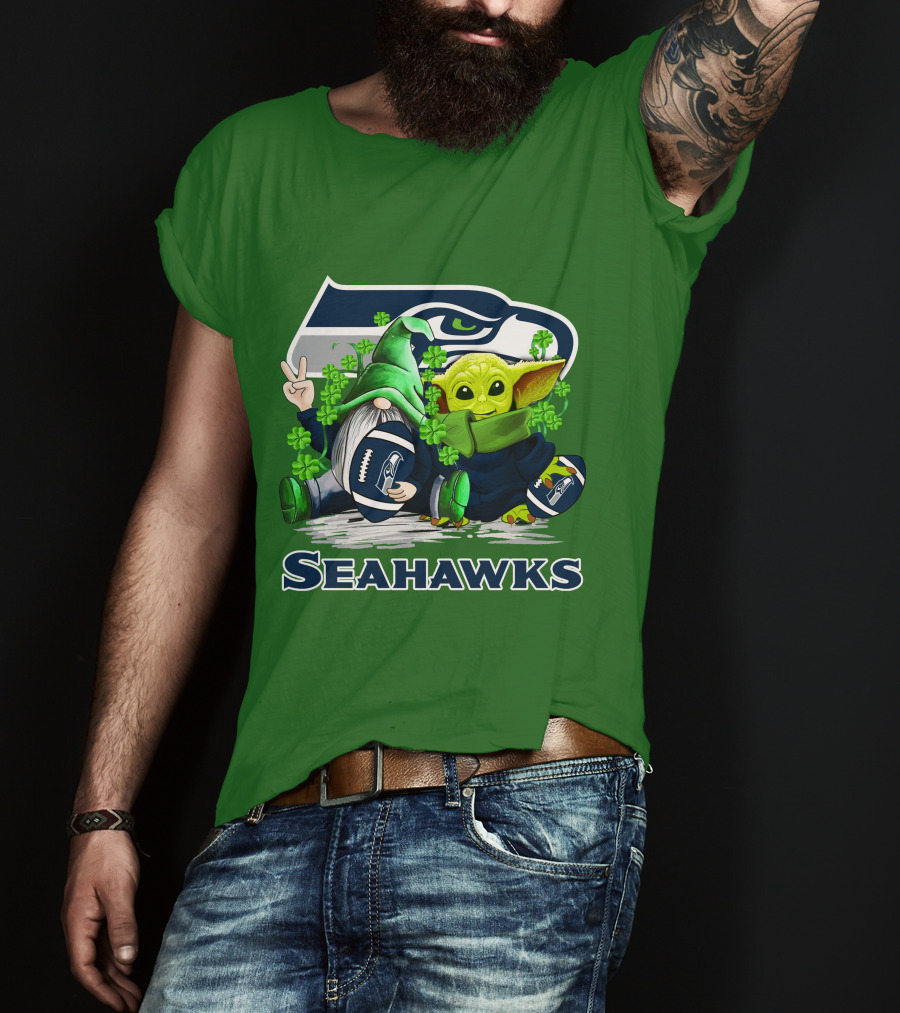 Seattle Seahawks St. Patrick's Day Gnome And Baby Yoda Football T-Shirt