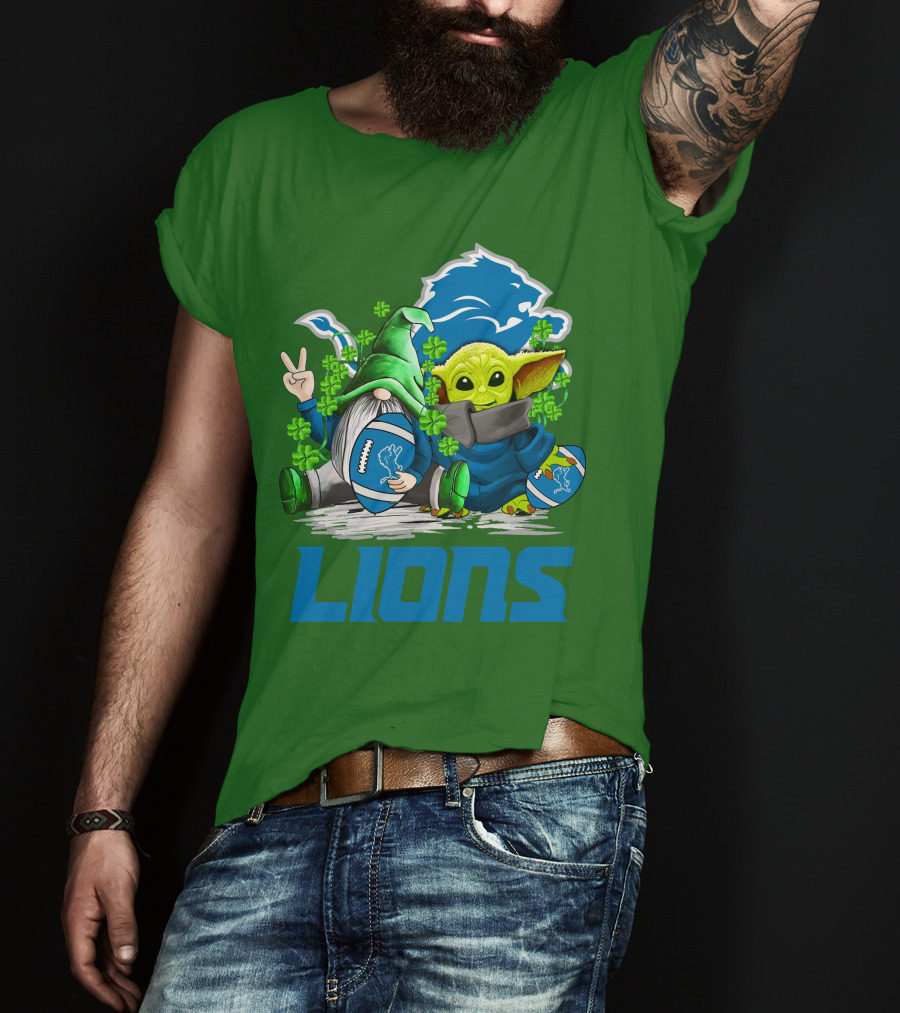 Detroit Lions St. Patrick's Day Gnome And Yoda Football T-Shirt