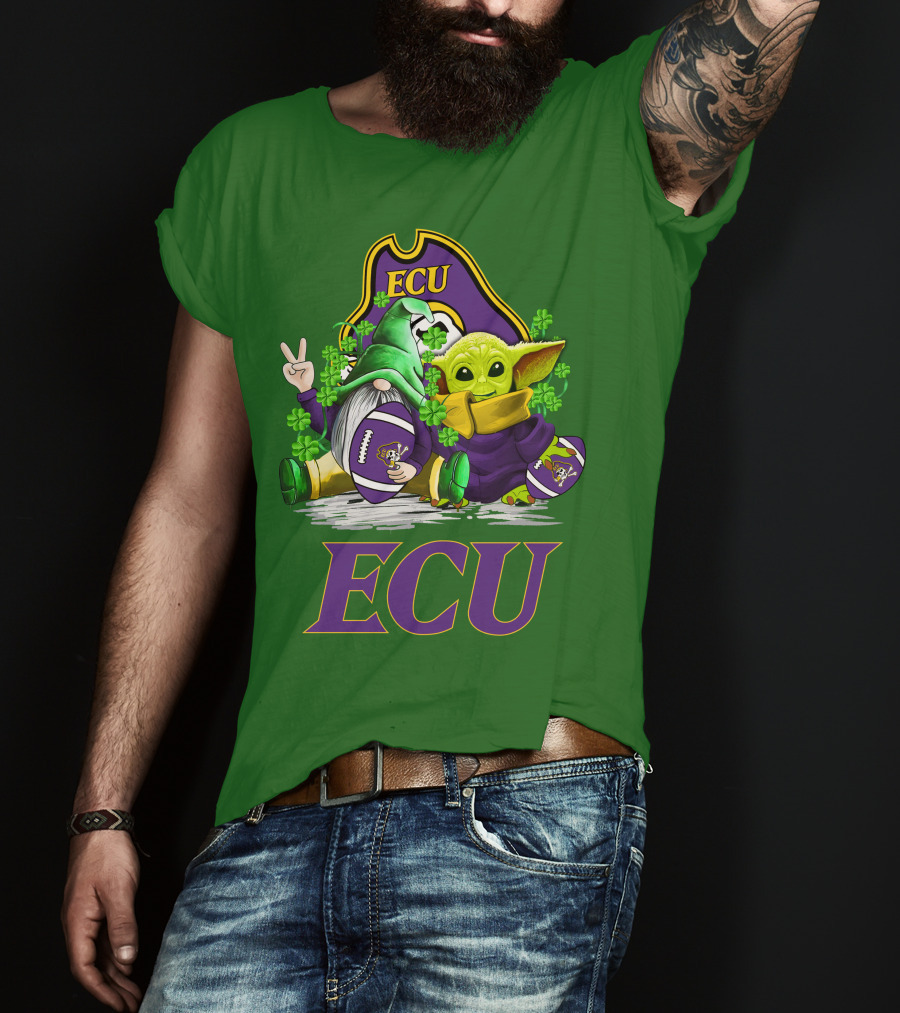 ECU East Carolina Pirates Football St. Patrick's Day Celebration With Gnome And Baby Alien T-Shirt