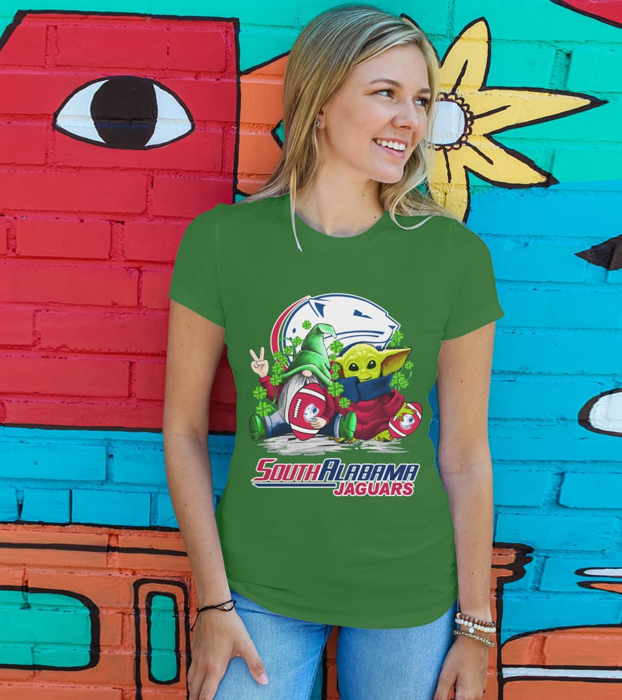 South Alabama Jaguars Football St. Patrick's Day Gnome And Baby Alien With Shamrocks T-Shirt
