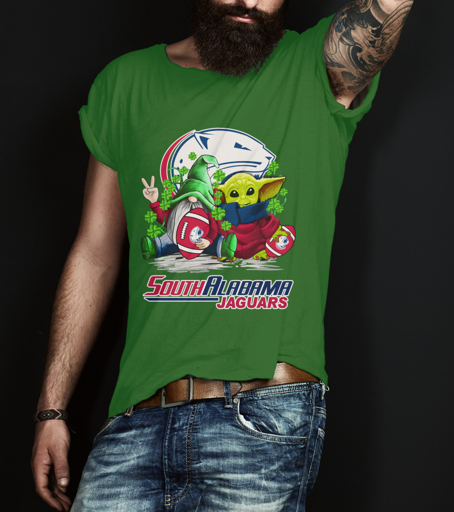 South Alabama Jaguars Football St. Patrick's Day Gnome And Baby Alien With Shamrocks T-Shirt