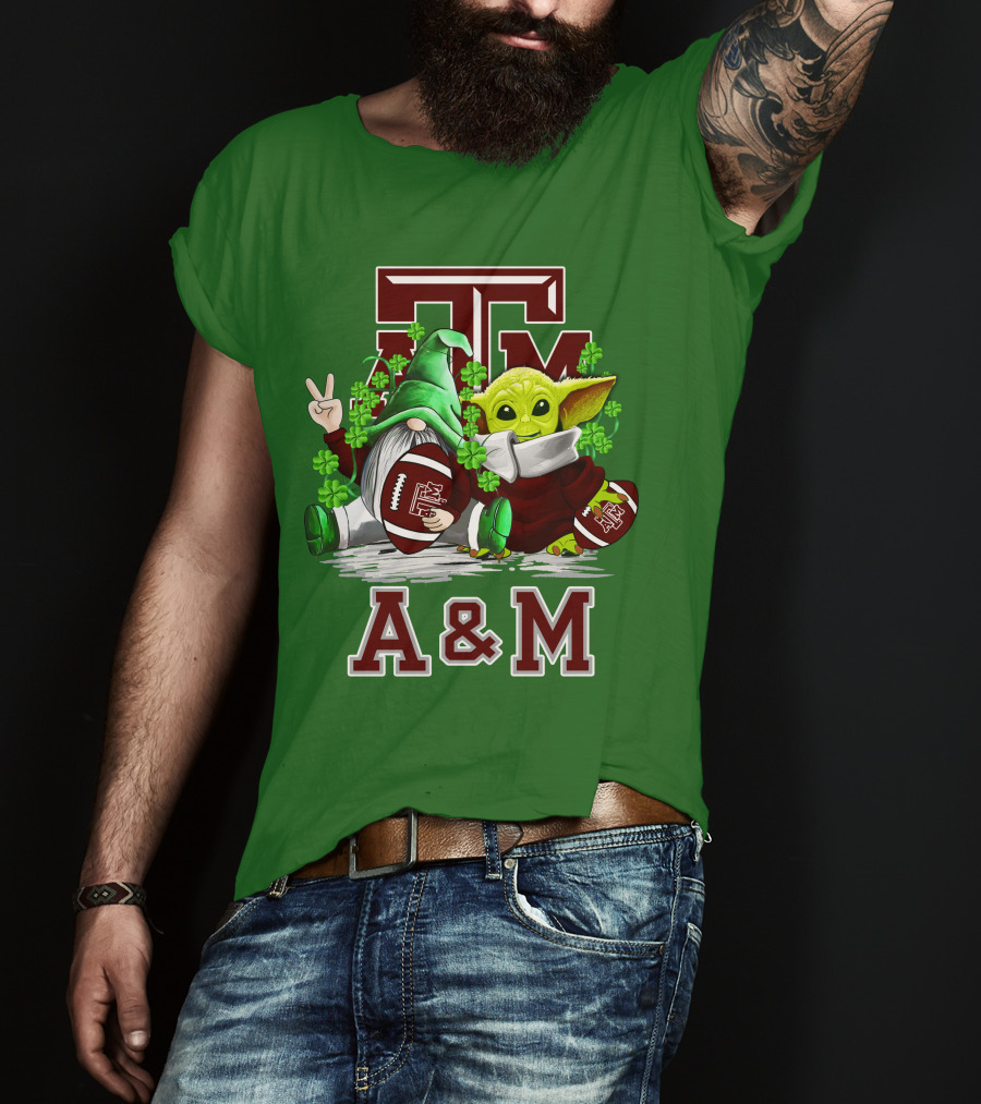 Texas A&M Aggies Football St. Patrick’s Day Gnome And Baby Alien With Shamrocks T-Shirt